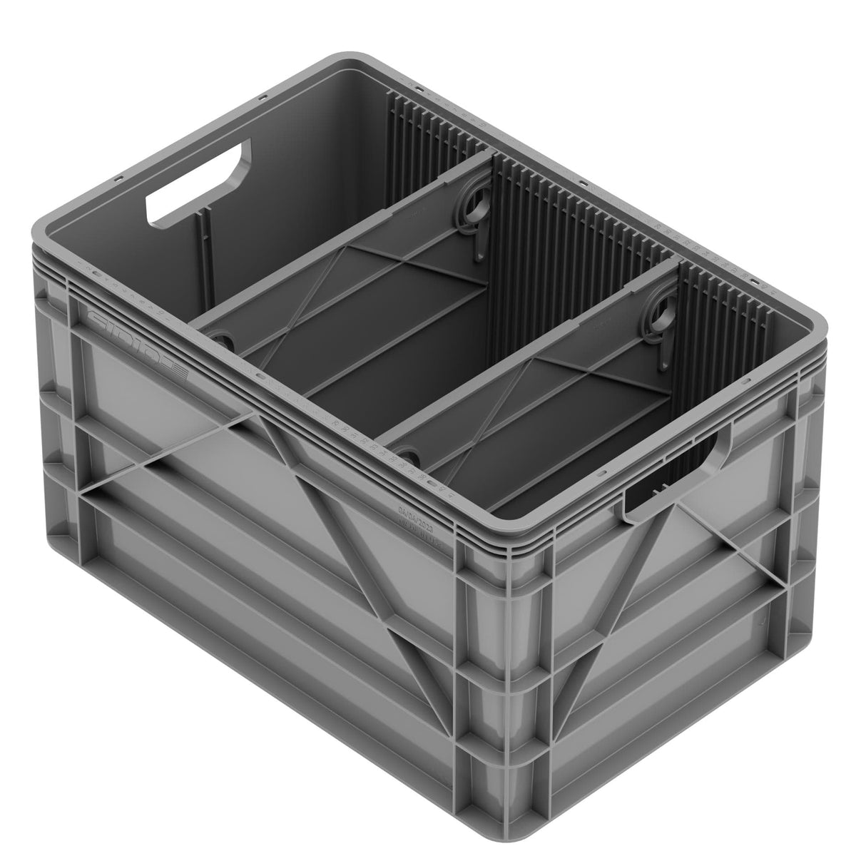 SidioCrate Full Size storage crate, Gray, No Lid, 2 Standard Dividers