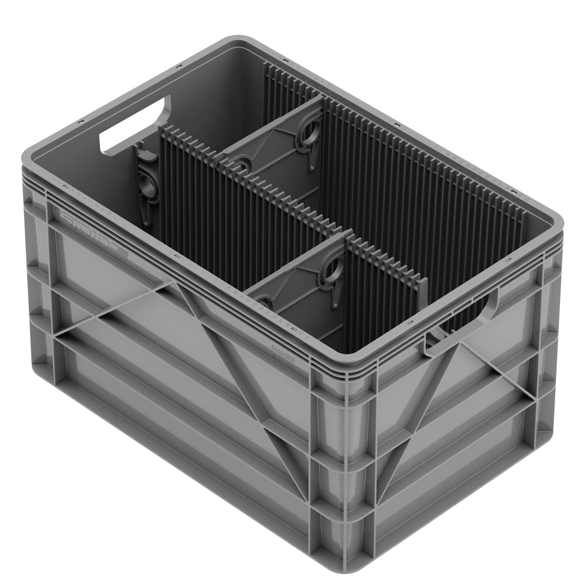 SidioCrate Full Size storage crate, Gray, No Lid, 1 Long Slotted Divider with 2 Sub Dividers