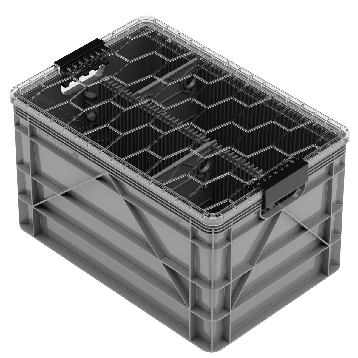 SidioCrate Full Size storage crate, Gray, Add Lid, 1 Long Slotted Divider with 2 Sub Dividers