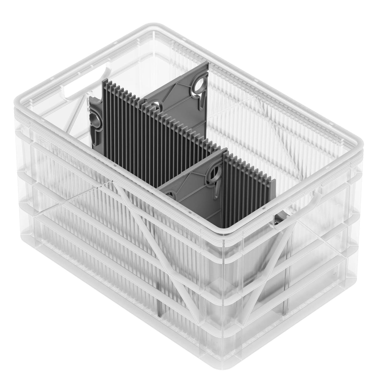 SidioCrate Full Size storage crate, Clear, No Lid, 1 Long Slotted Divider with 2 Sub Dividers
