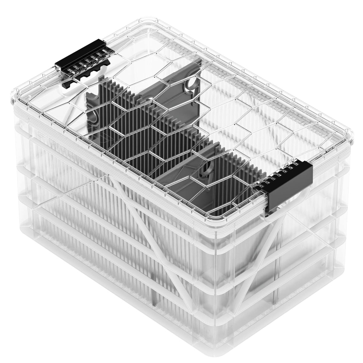 SidioCrate Full Size storage crate, Clear, Add Lid, 1 Long Slotted Divider with 2 Sub Dividers