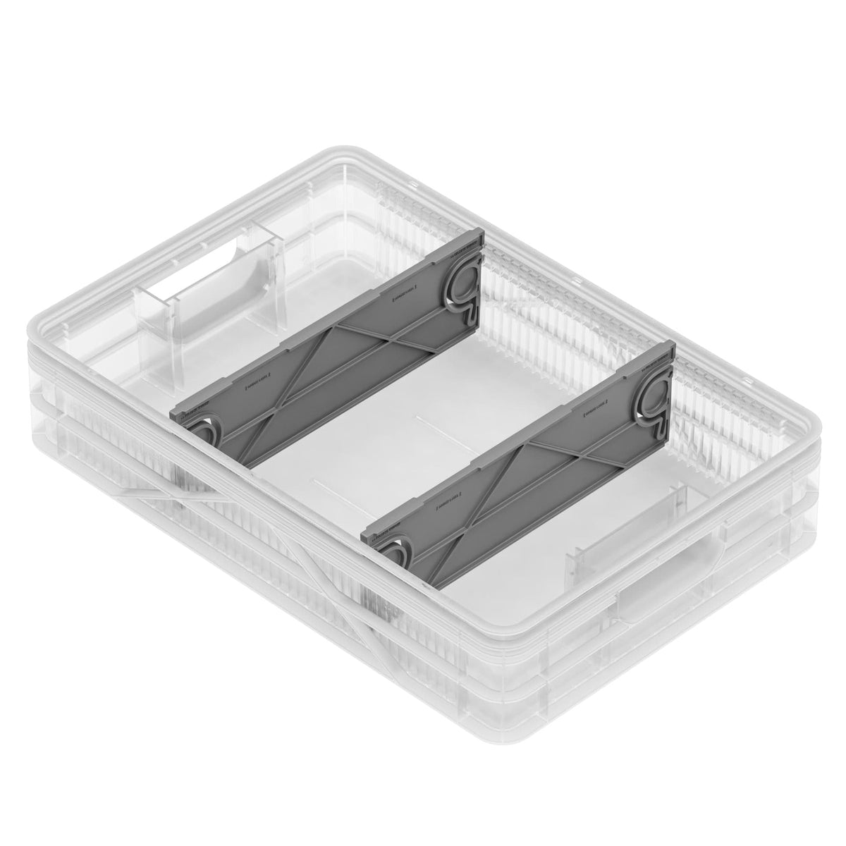 SidioCrate Quarter Size storage crate, Clear, No Lid, 2 Standard Dividers