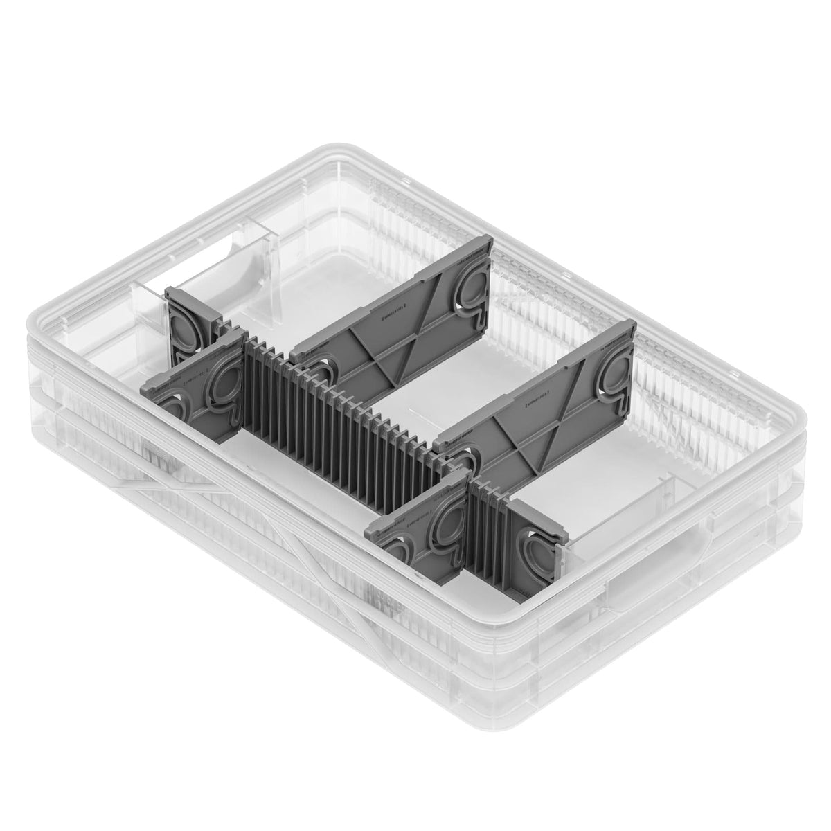 SidioCrate Quarter Size storage crate, Clear, No Lid, 1 Long Divider with 4 Sub Dividers