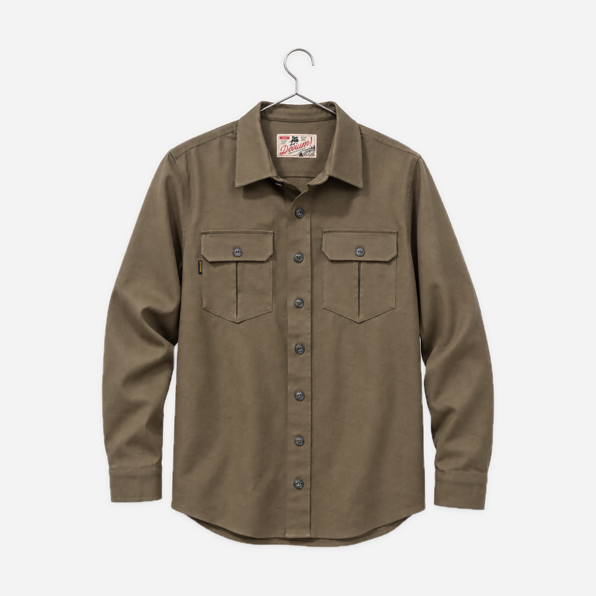 Draftsman Twill Slub Overshirt — Old Moss Green, hanger view