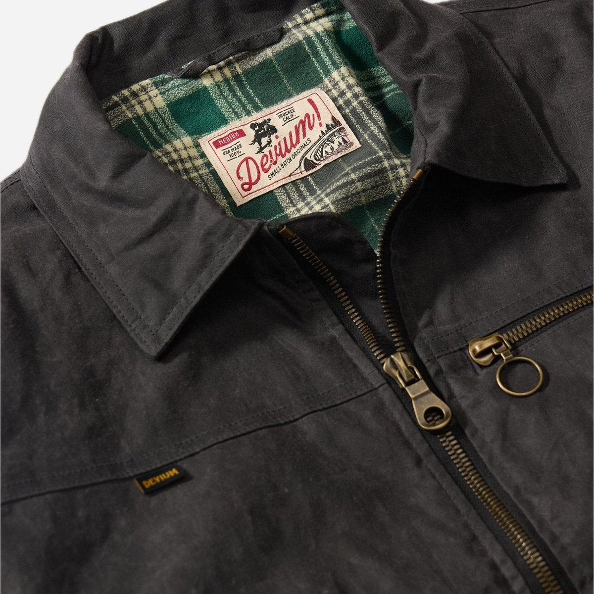 Overdrive Waxed Canvas Trucker Jacket — Coal, collar detail view