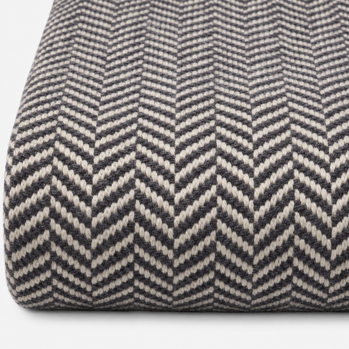 American Blossom Linens chevron wool throw in Woodland Gray/Natural, folded edge and wool weave detail