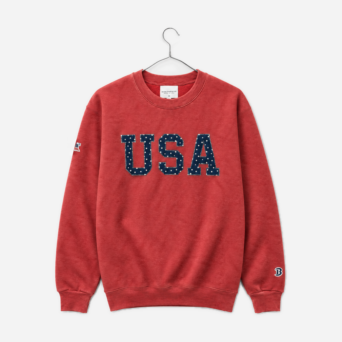 Boathouse USA Felt Crew in Dockside Red, front view on a chrome hanger