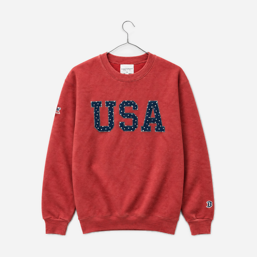 Boathouse USA Felt Crew in Dockside Red, front view on a chrome hanger