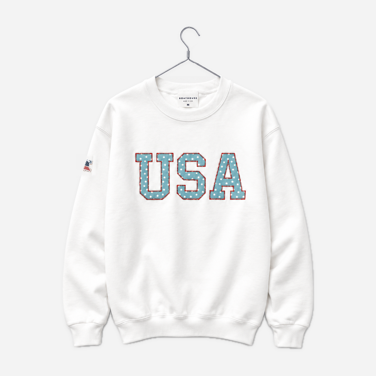 Boathouse USA Felt Crew in White, front view on a chrome hanger