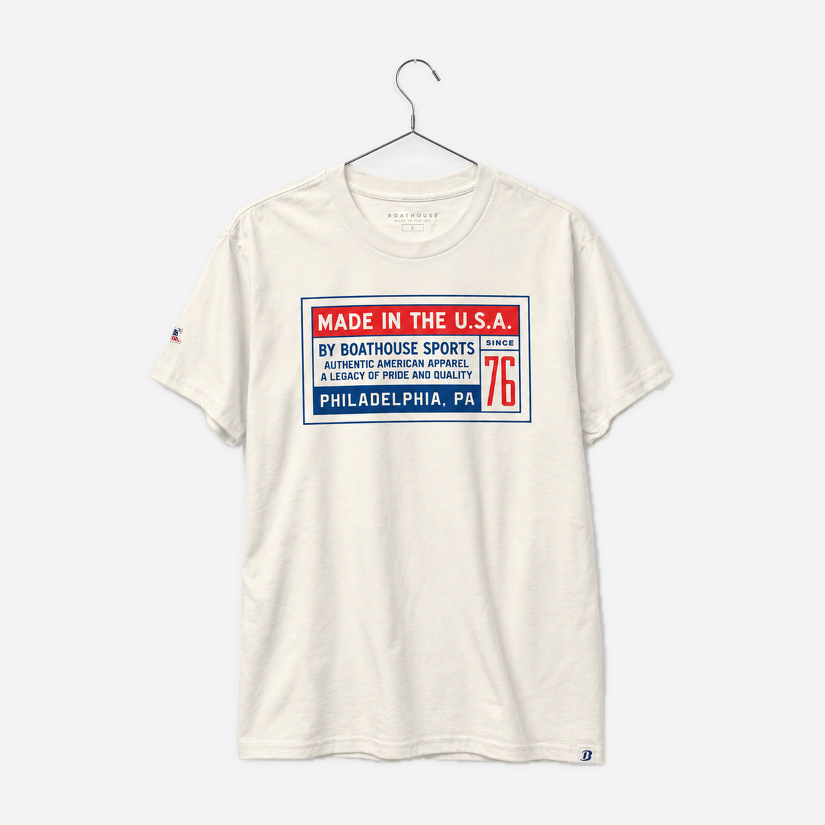 Boathouse USA Stamp Cotton T-Shirt in Off-White, front view on a chrome hanger