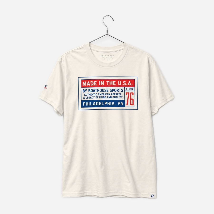 Boathouse USA Stamp Cotton T-Shirt in Off-White, front view on a chrome hanger
