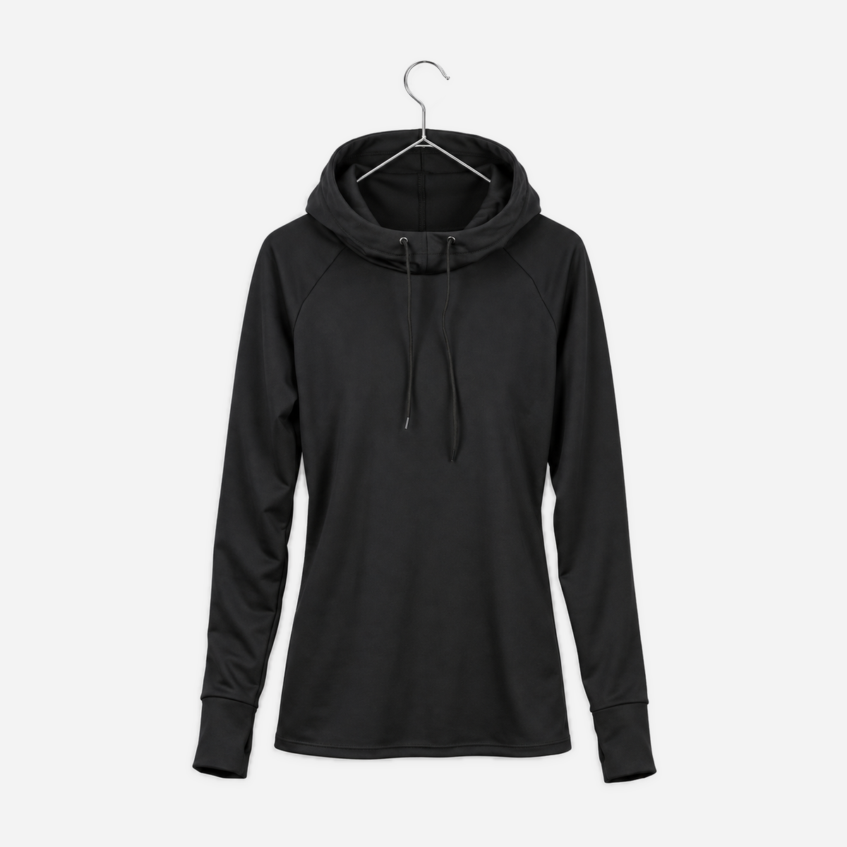 Boathouse Women's 215 Hooded Compression Top in Black, front view on a chrome hanger