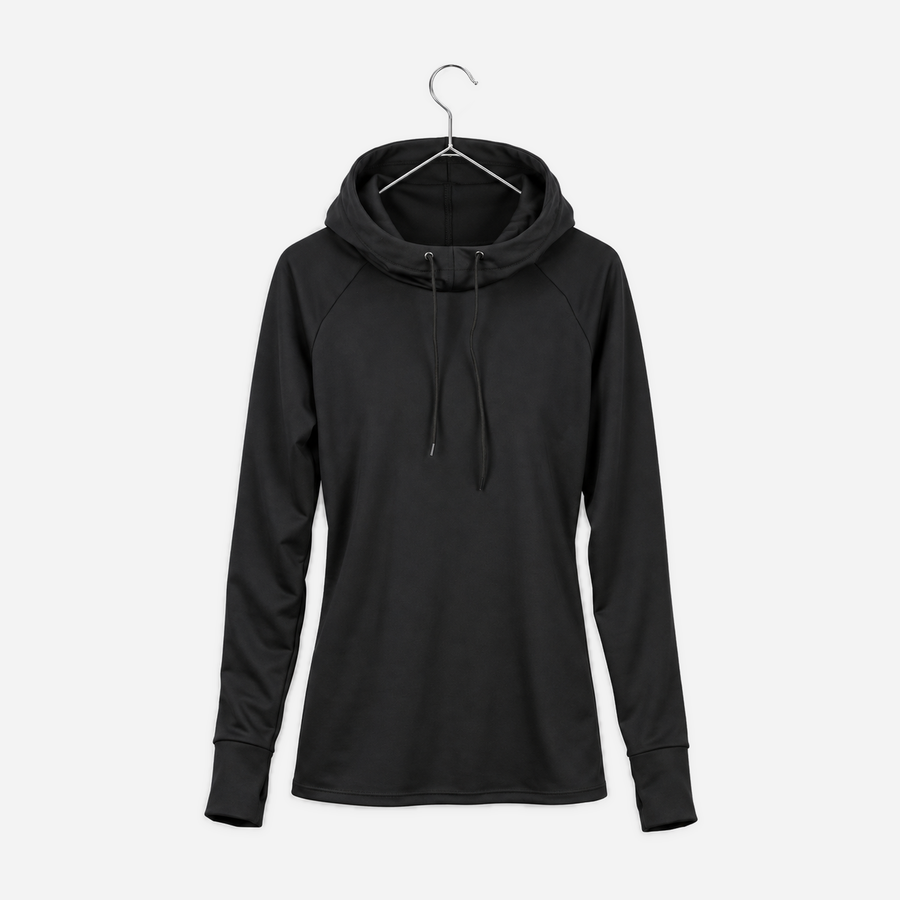 Boathouse Women's 215 Hooded Compression Top in Black, front view on a chrome hanger