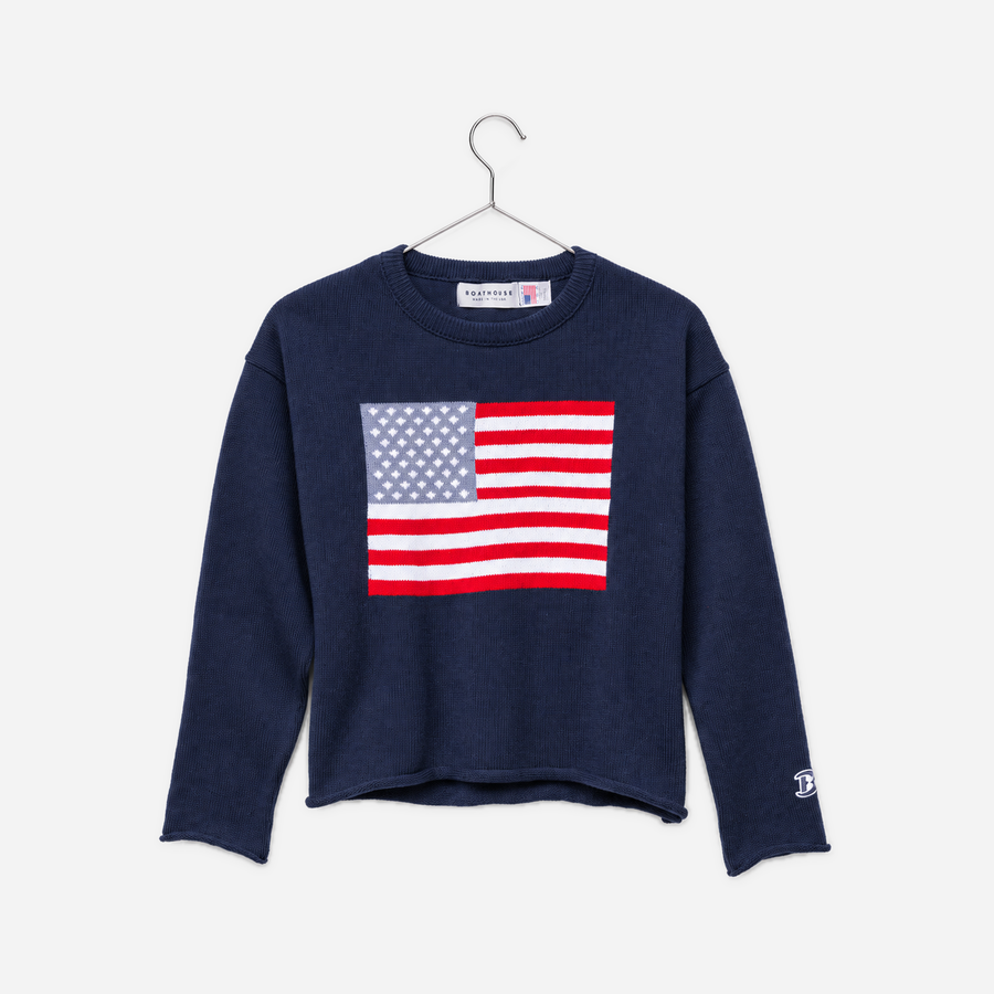 Boathouse Women's American Flag Knit Cropped Crew in Navy, front view on a chrome hanger