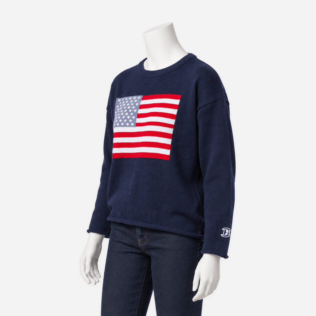 Boathouse Women's American Flag Knit Cropped Crew in navy, loose drape shown at a three-quarter angle on a white mannequin