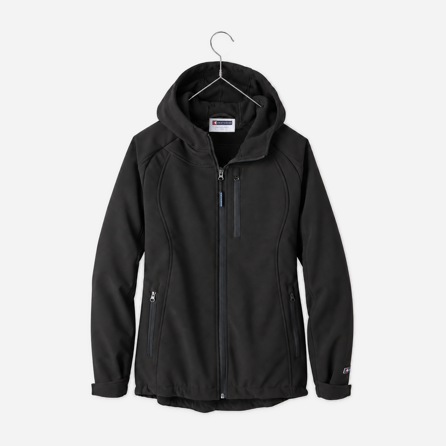 Boathouse Women's Elevate Soft Shell Jacket in Black, front view on a chrome hanger