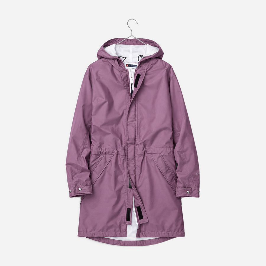 Boathouse Women's Waterproof Campus Parka 2.0 in Orchid Mist, front view on a chrome hanger