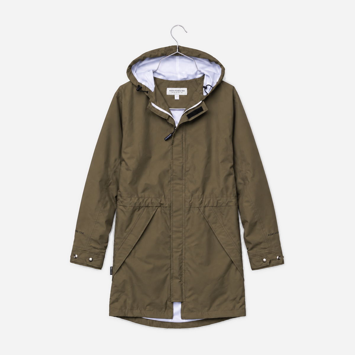Boathouse Women's Waterproof Campus Parka 2.0 in Olive, front view on a chrome hanger