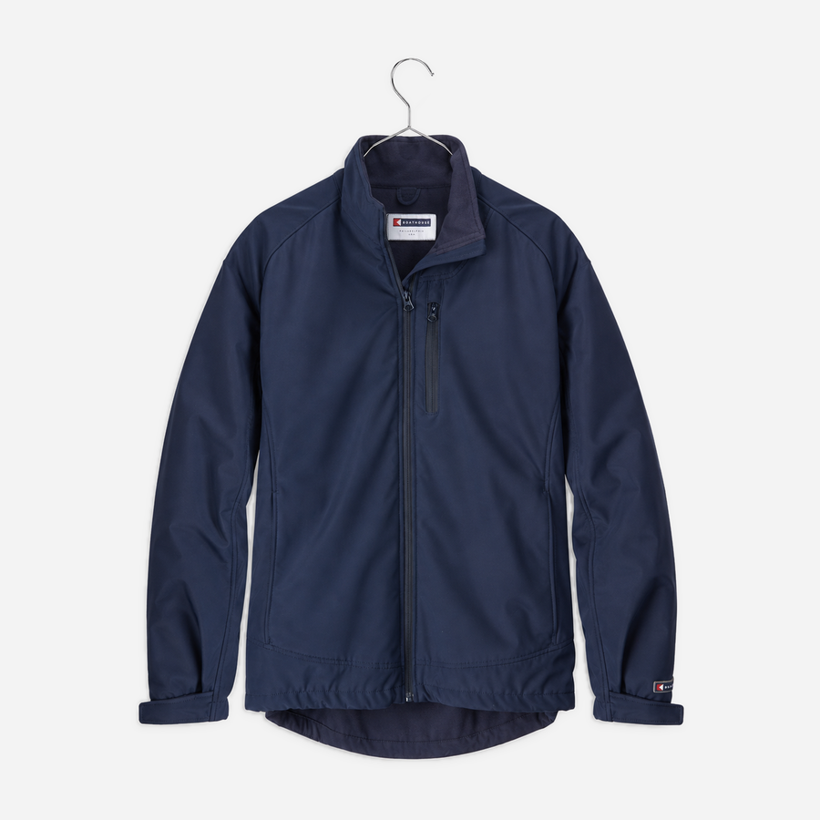 Boathouse Men's Equinox Soft Shell Jacket in Navy, front view on a chrome hanger