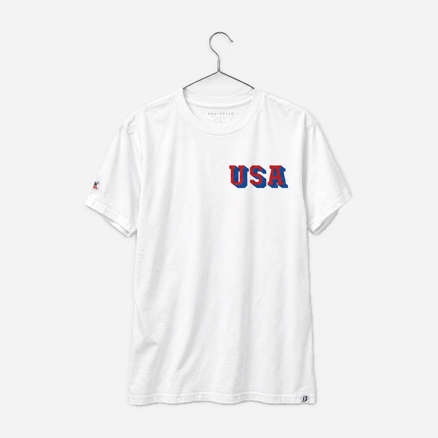 Boathouse USA Cotton T-Shirt in White, front view on a chrome hanger