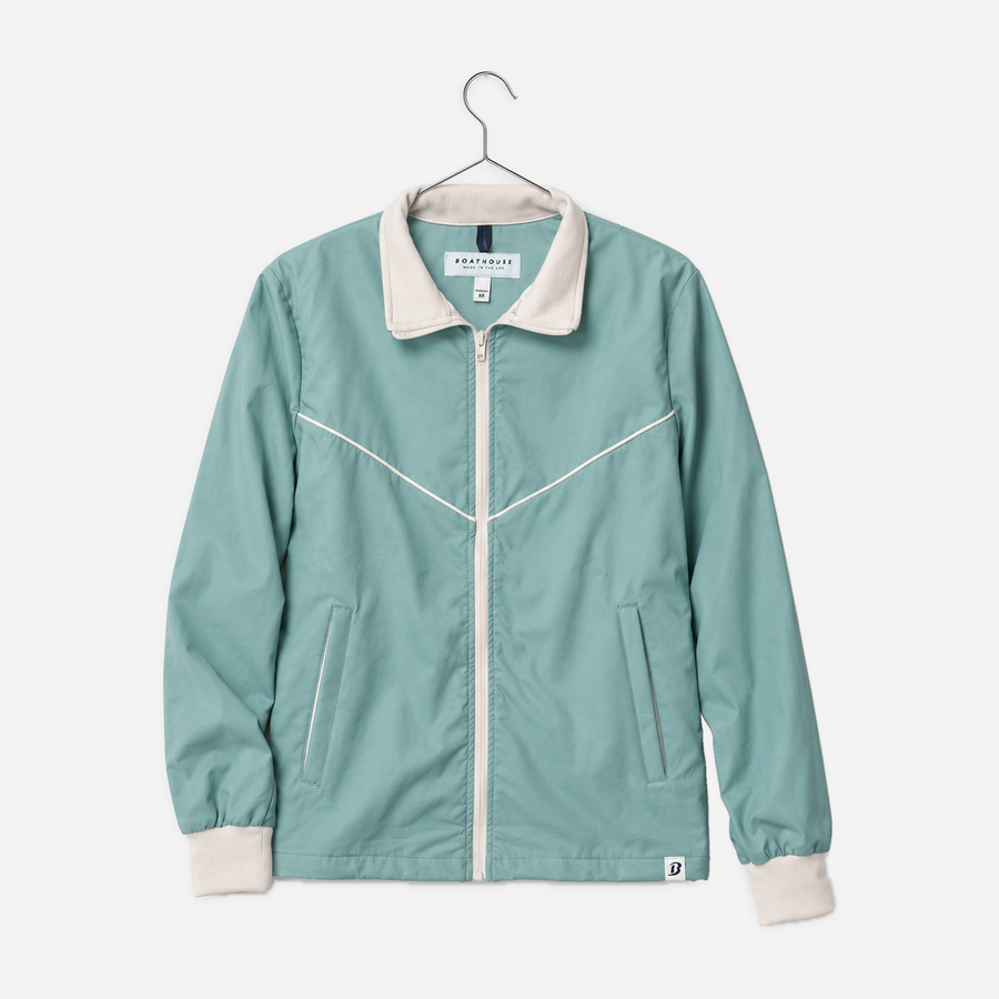 Boathouse Women's Classic Jacket in Sage, front view on a chrome hanger
