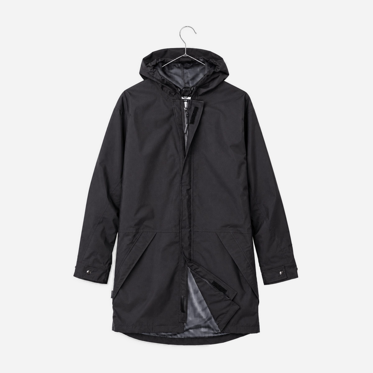 Boathouse Men's Waterproof Campus Parka 2.0 in Black, front view on a chrome hanger
