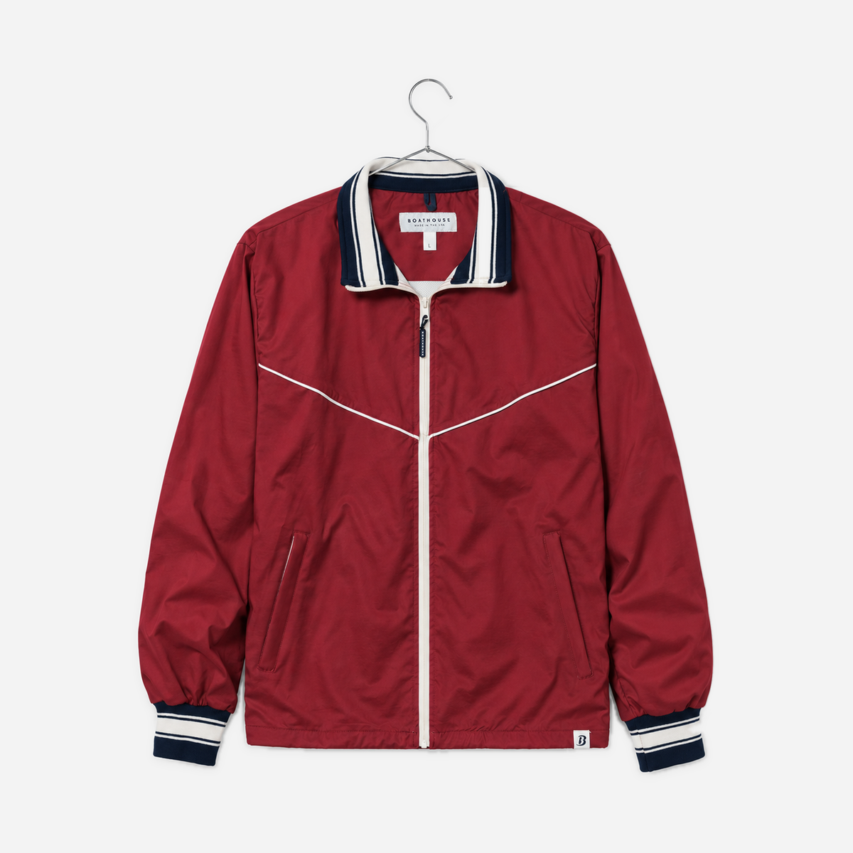 Boathouse Men's Classic Jacket in Cardinal, front view on a chrome hanger