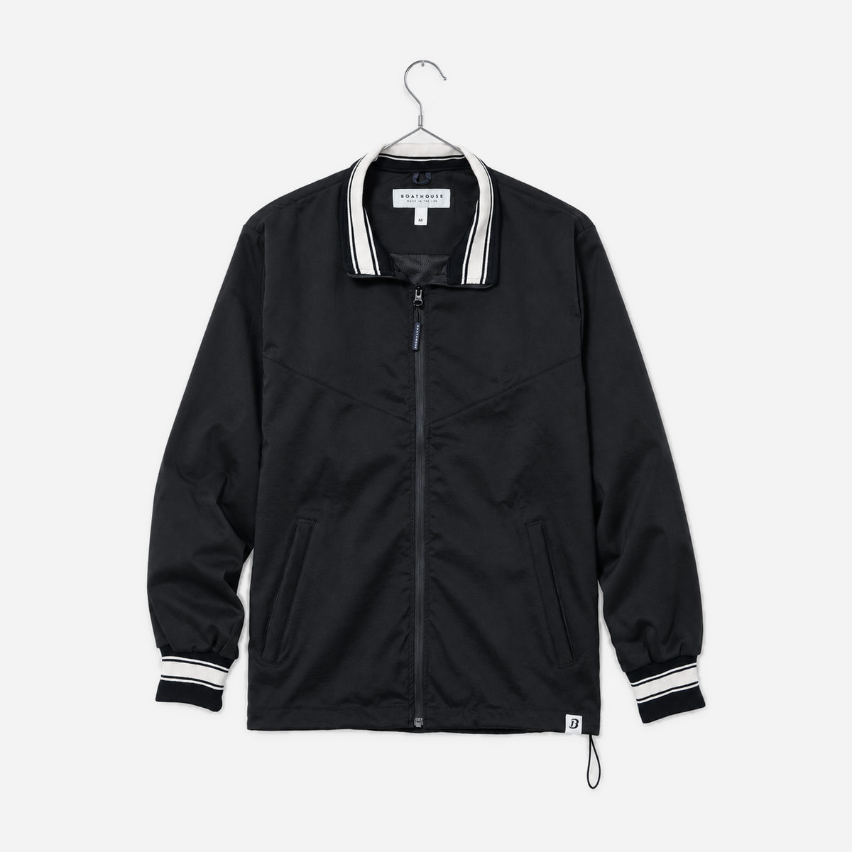 Boathouse Men's Classic Jacket in Black, front view on a chrome hanger