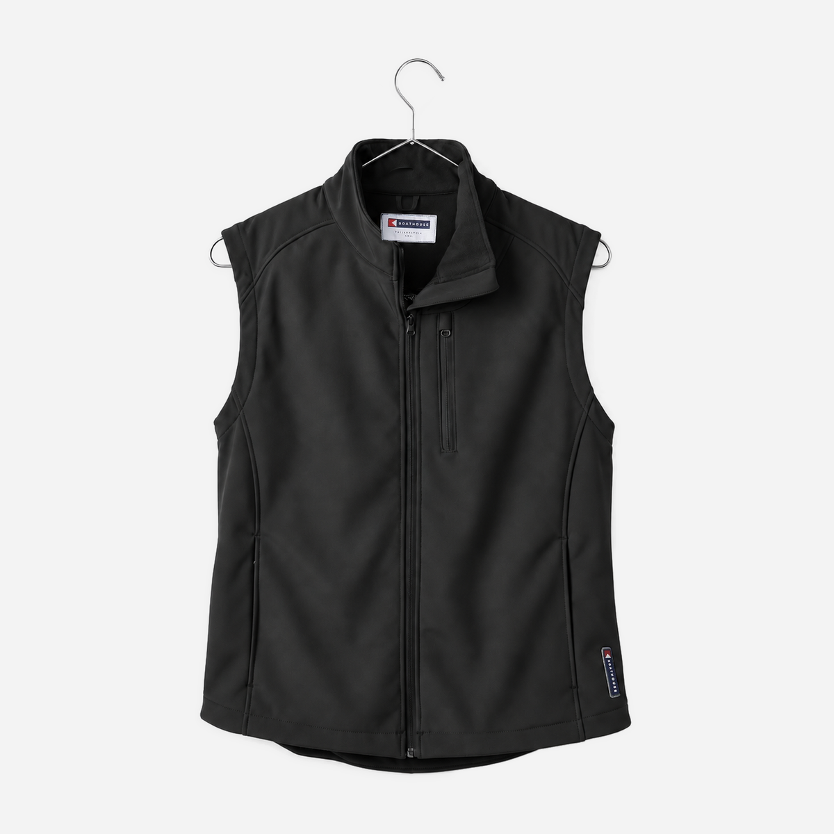 Boathouse Men's Equinox Soft Shell Vest in Black, front view on a chrome hanger