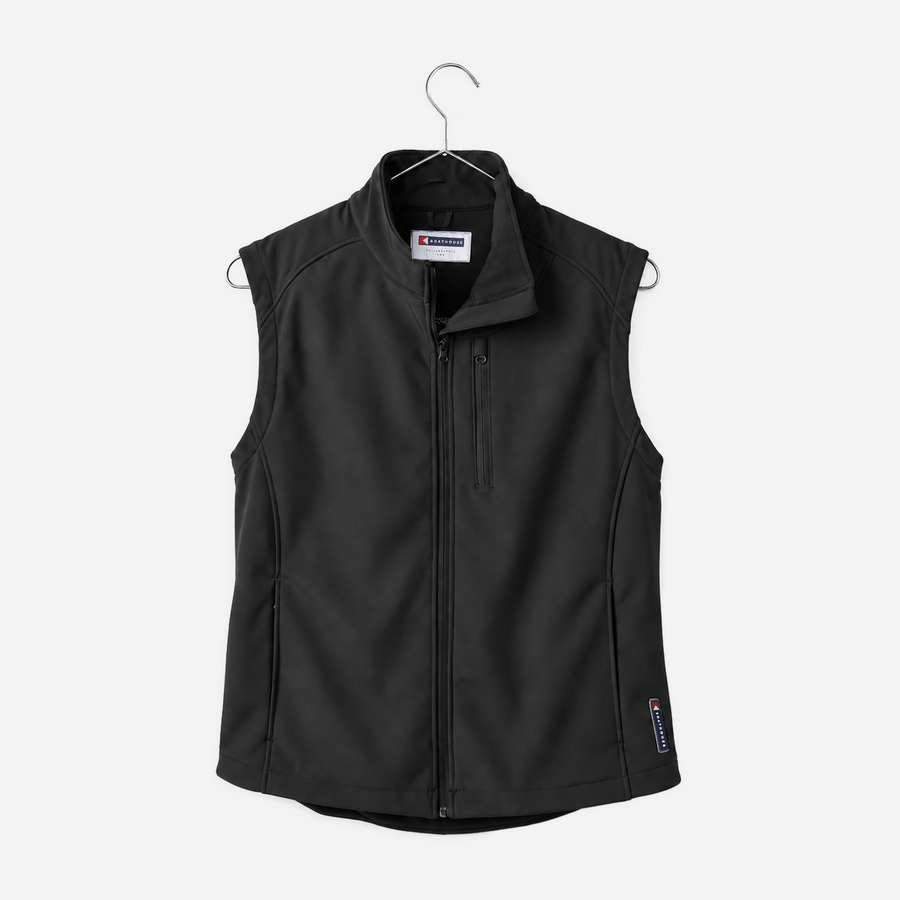 Boathouse Men's Equinox Soft Shell Vest in Black, front view on a chrome hanger