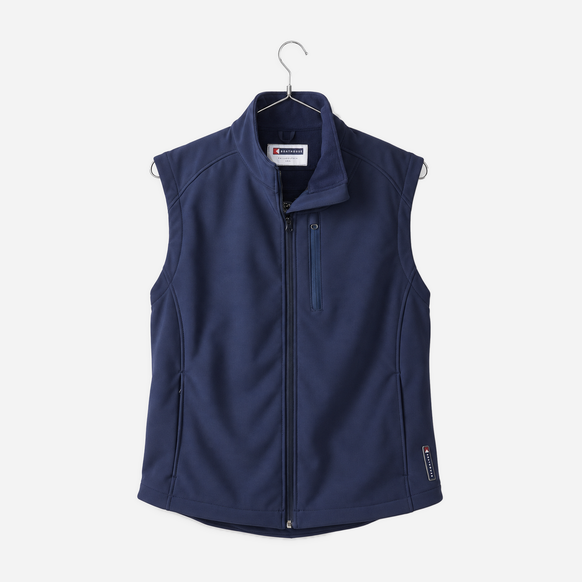 Boathouse Men's Equinox Soft Shell Vest in Navy, front view on a chrome hanger
