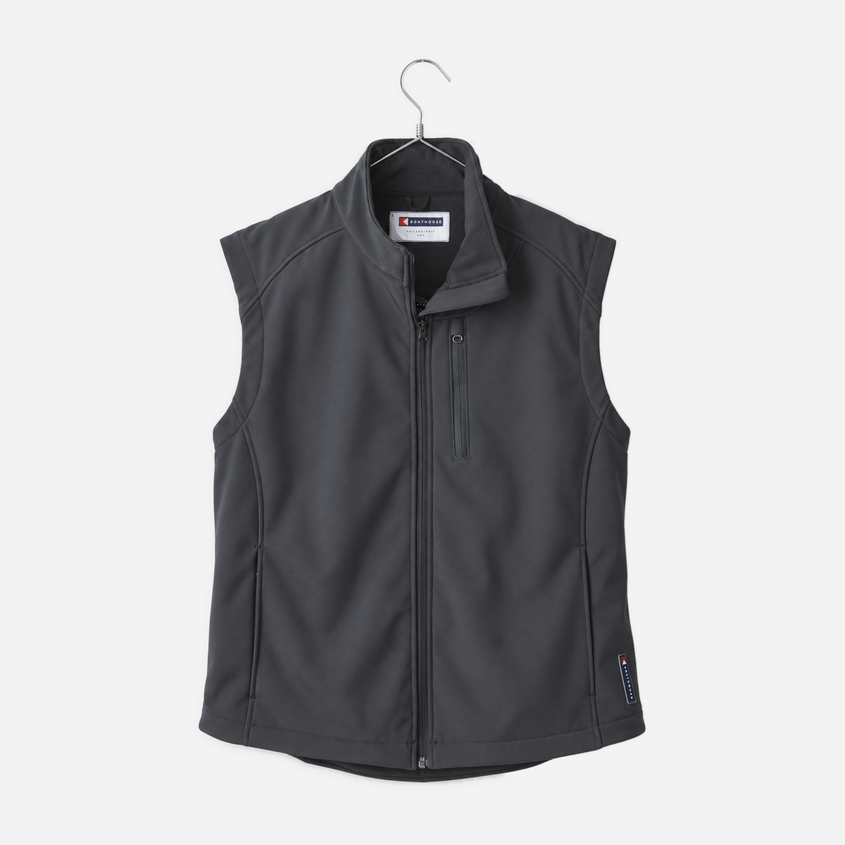 Boathouse Men's Equinox Soft Shell Vest in Graphite, front view on a chrome hanger
