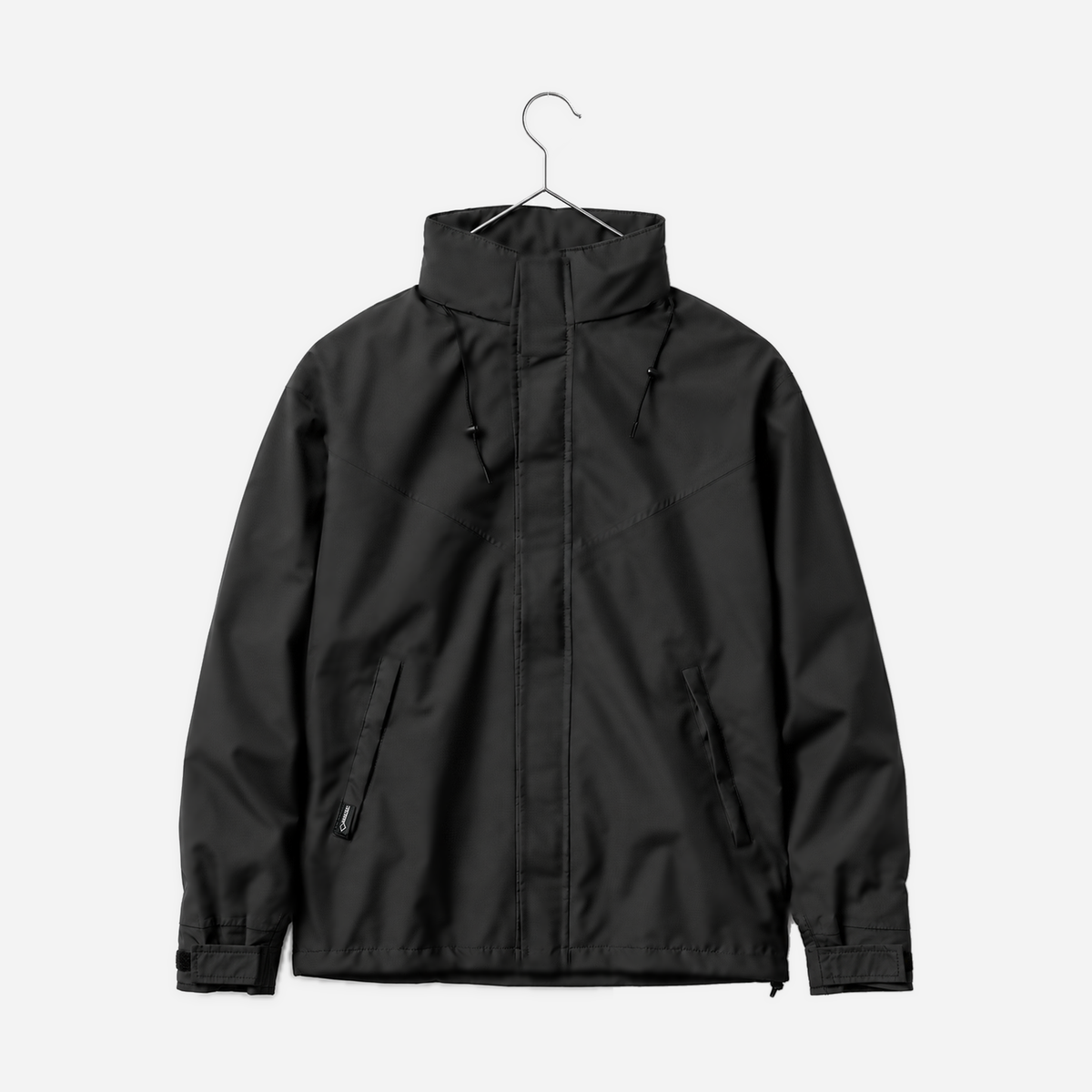 Boathouse Blitz Waterproof Jacket in Black, front view on a chrome hanger