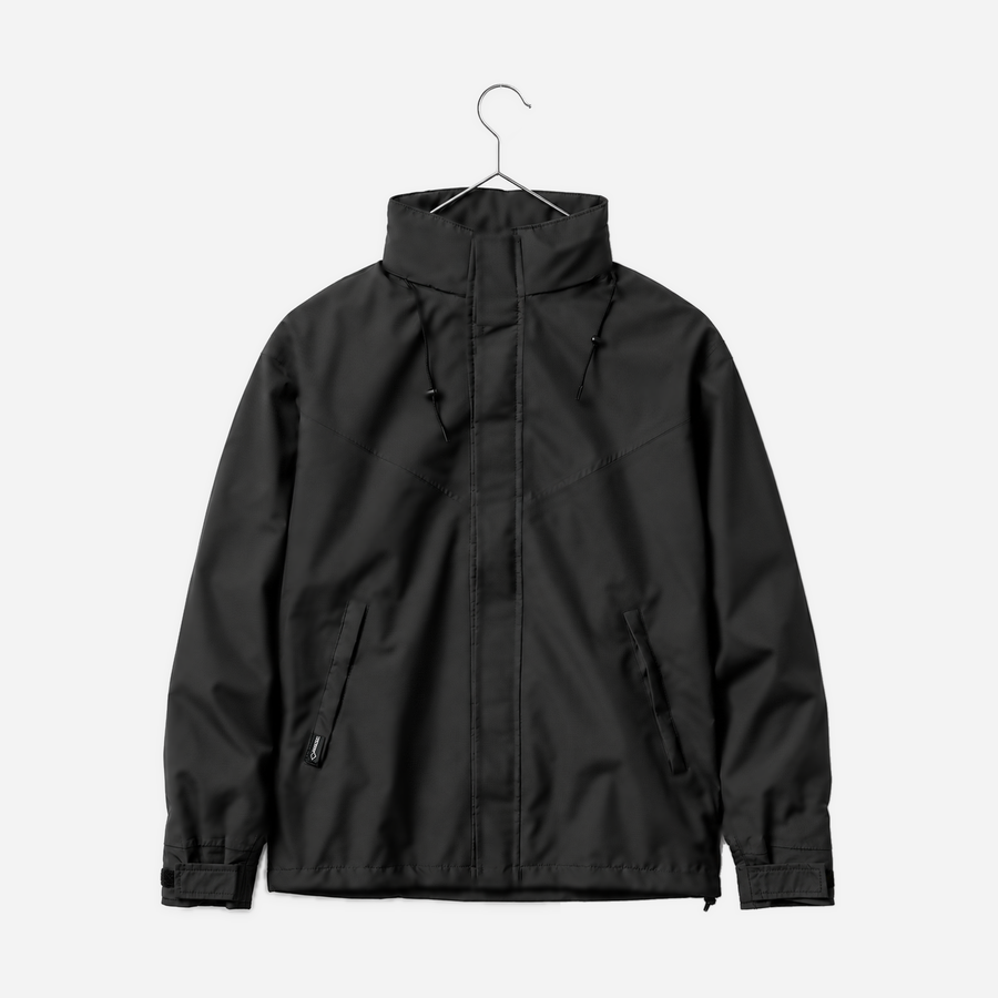 Boathouse Blitz Waterproof Jacket in Black, front view on a chrome hanger