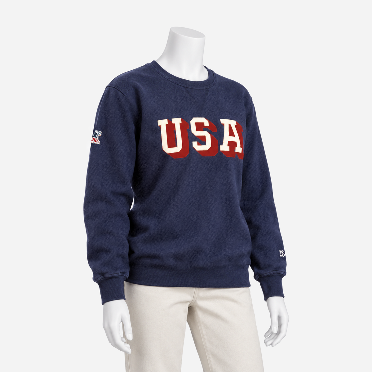 Boathouse USA French Terry Crew in Navy, female mannequin in a three-quarter view