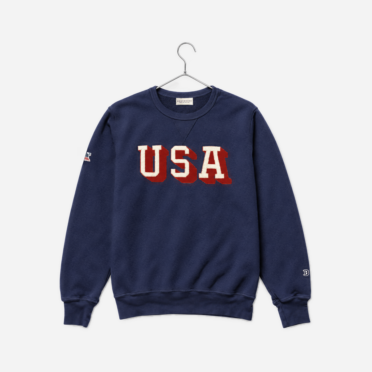 Boathouse USA French Terry Crew in Navy, front view on a chrome hanger