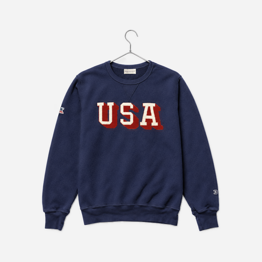 Boathouse USA French Terry Crew in Navy, front view on a chrome hanger