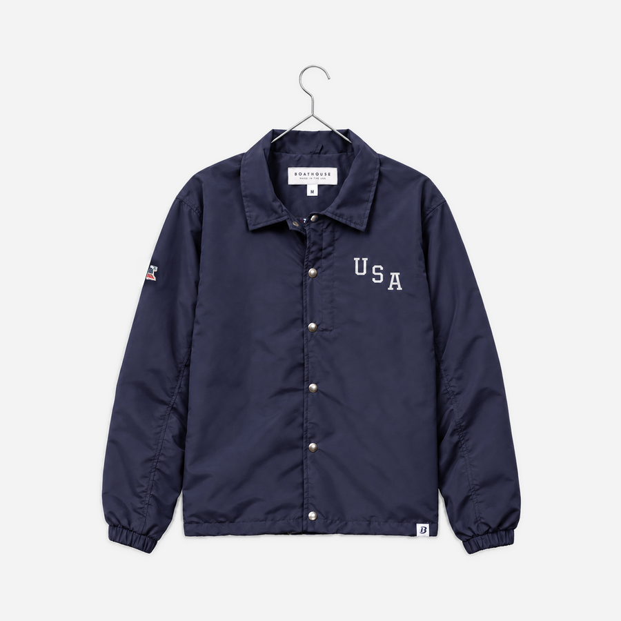 Boathouse USA Coaches Jacket in Navy, front view on a chrome hanger