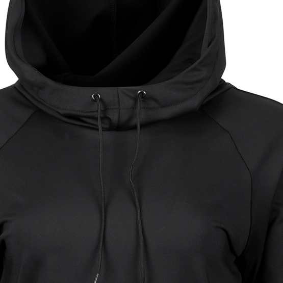 Boathouse Women's 215 Hooded Compression Top in Black, hood opening and drawcords