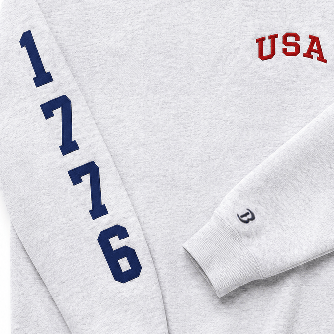 Boathouse USA 1776 Crew Sweatshirt in Grey, 1776 sleeve numerals and chest lettering