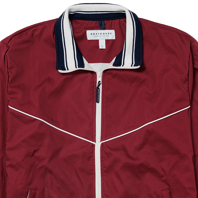 Boathouse Men's Classic Jacket in Cardinal, striped collar, piping and front zipper