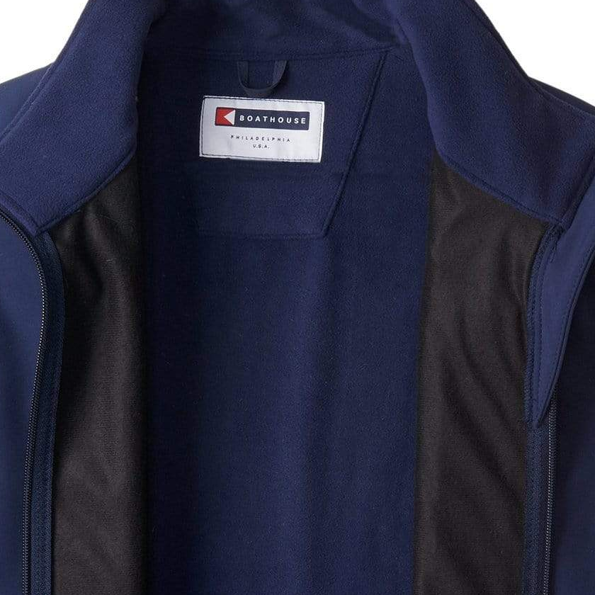 Boathouse Men's Equinox Soft Shell Vest in Navy, neck label and soft-shell interior