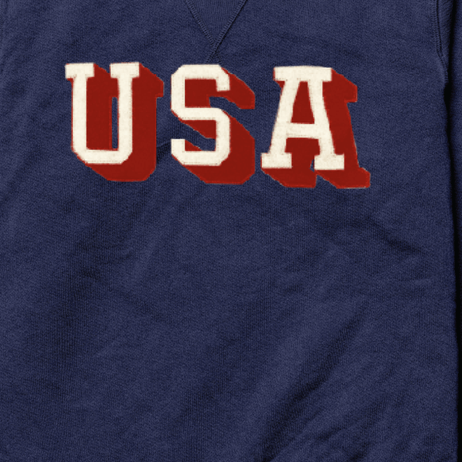 Boathouse USA French Terry Crew in Navy, felt USA chest applique