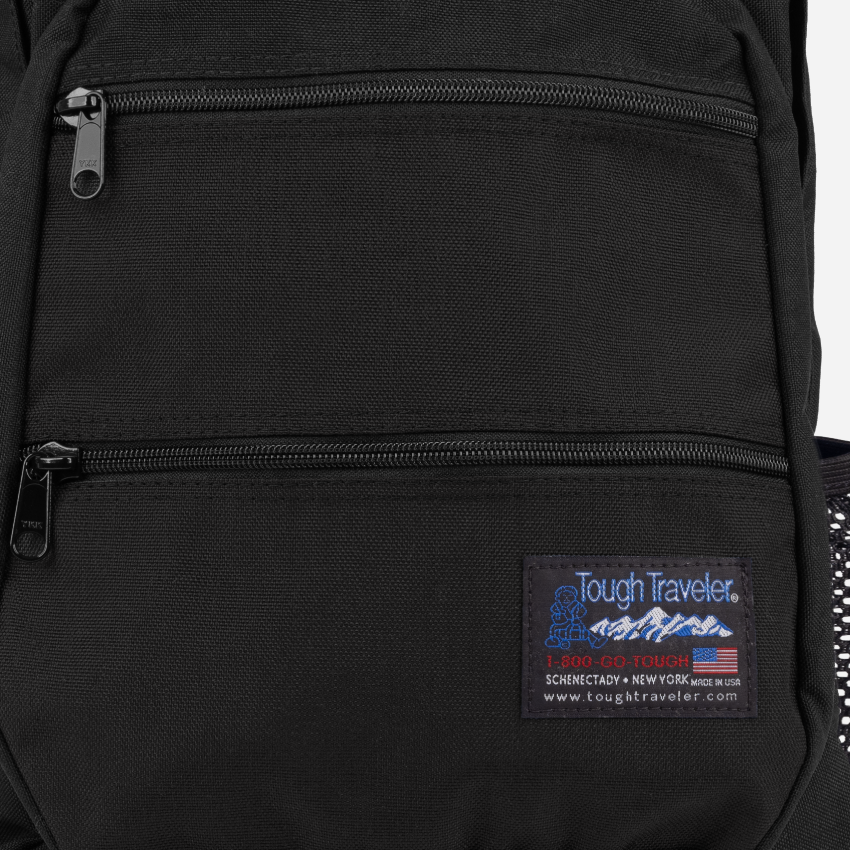 CAYUGA Backpack, Black, front pocket zipper and fabric detail