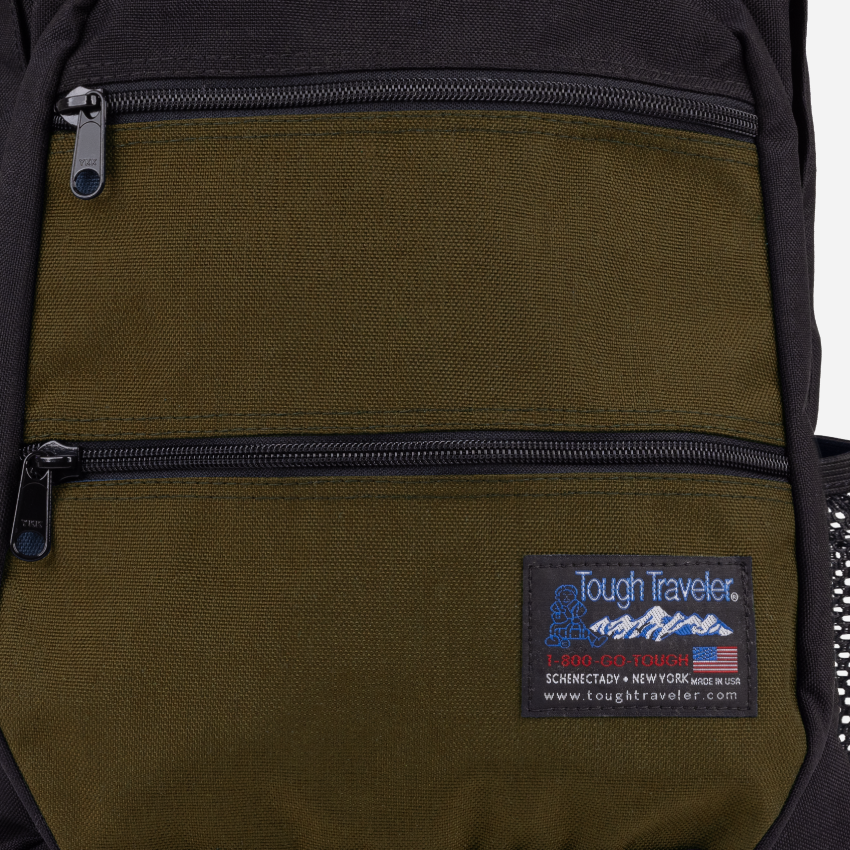 CAYUGA Backpack, Brown, front pocket zipper and fabric detail