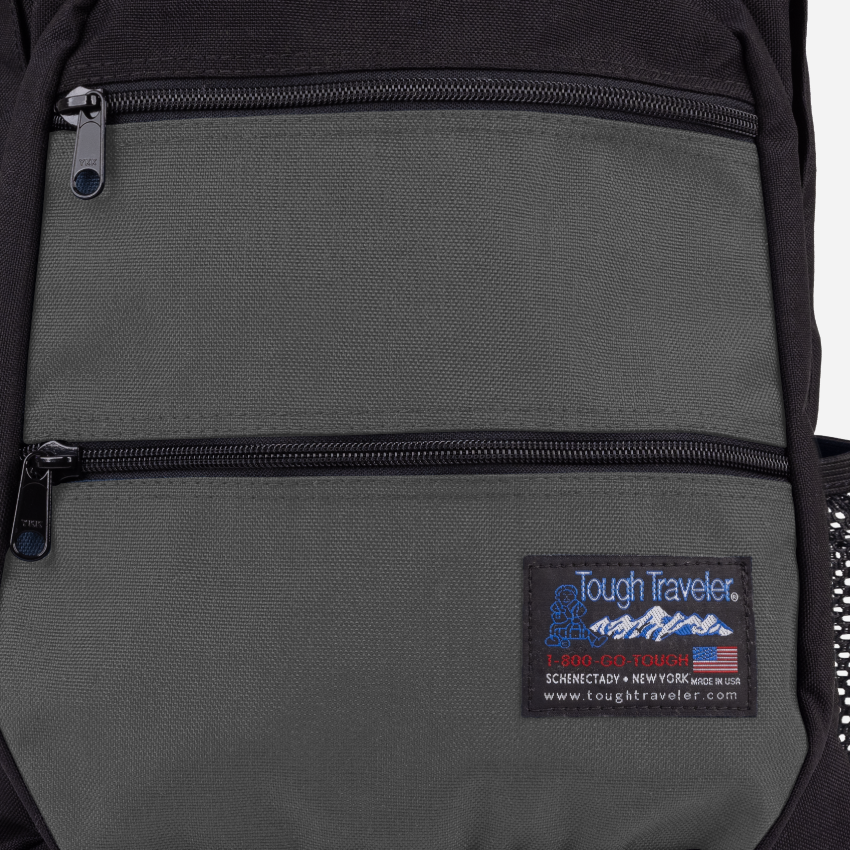 CAYUGA Backpack, Grey, front pocket zipper and fabric detail