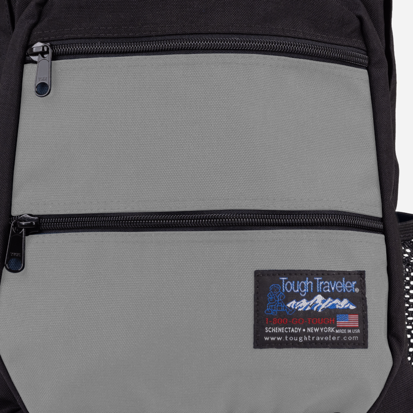 CAYUGA Backpack, Light Grey, front pocket zipper and fabric detail