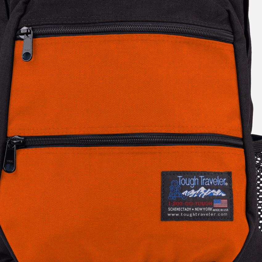 CAYUGA Backpack, Orange, front pocket zipper and fabric detail