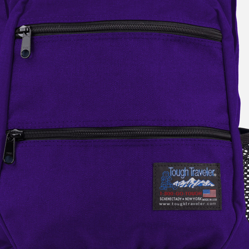 CAYUGA Backpack, Purple, front pocket zipper and fabric detail