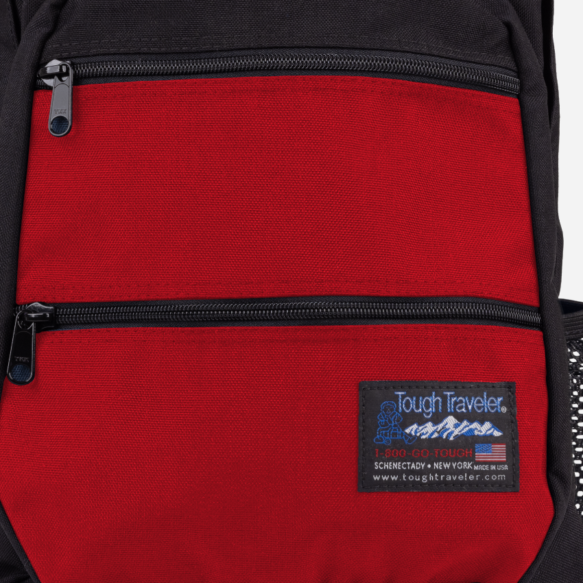 CAYUGA Backpack, Red, front pocket zipper and fabric detail